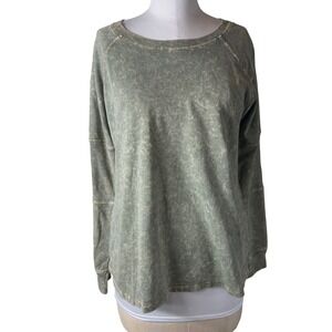 Like Love Womens Olive Green Acid Wash Raglan Waffle Knit Sleeve Small Oversized